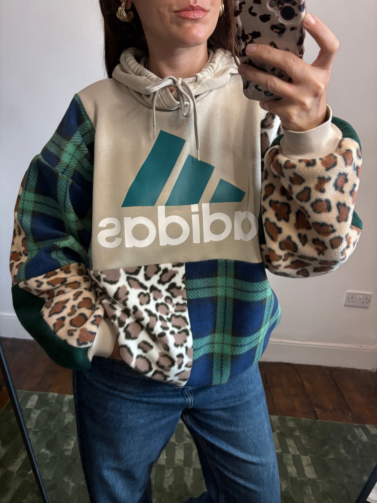 Y2K beige adidas logo clashing checked tartan and leopard print patchwork hoodie sweatshirt.