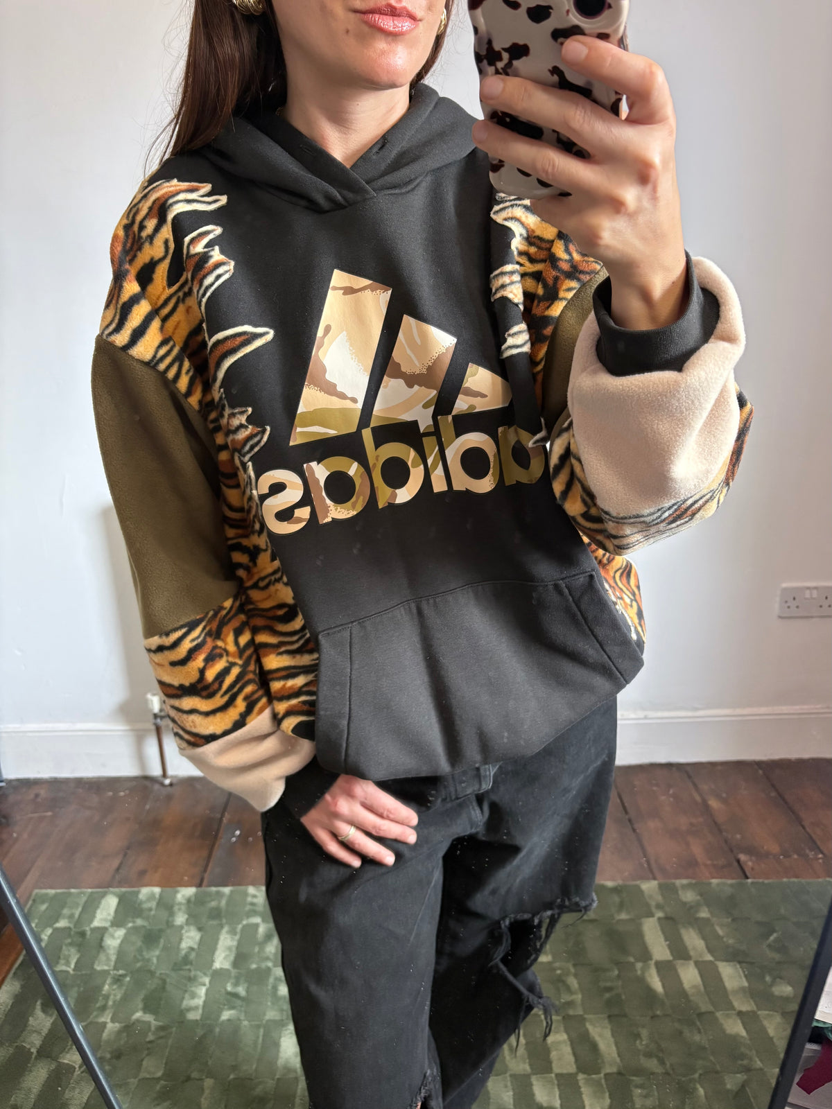 Y2K black adidas camouflage logo tiger stripe, khaki and beige fleece patchwork hoodie sweatshirt.