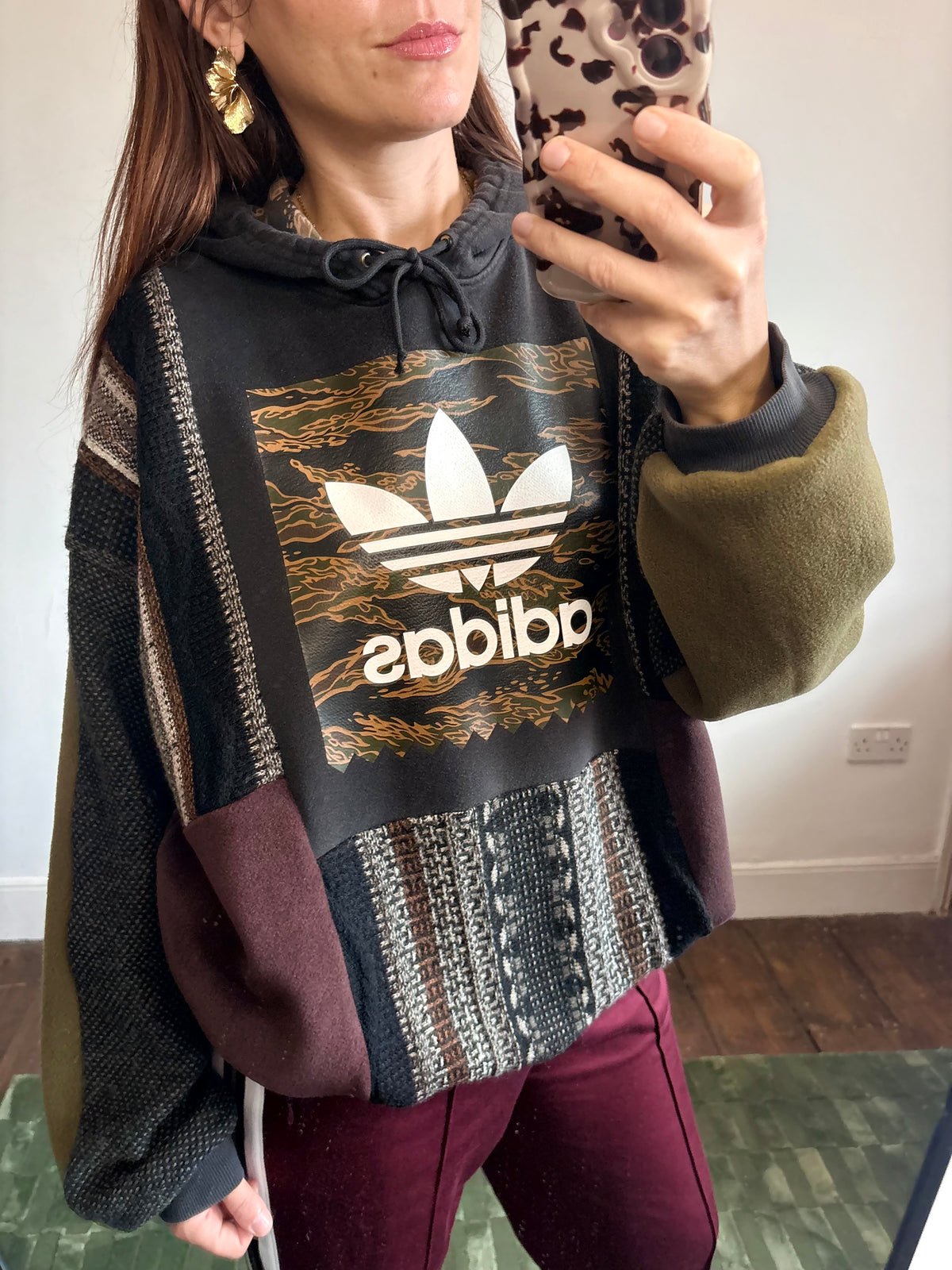 Vintage camouflage adidas logo funky stripe knit patchwork hoodie sweatshirt.