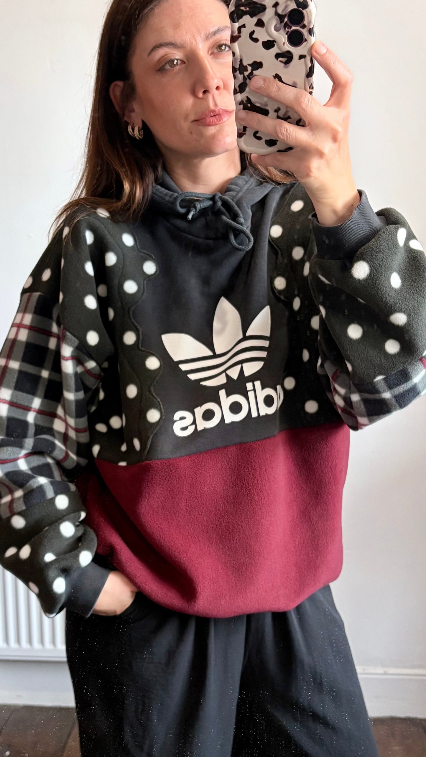 Y2K adidas polka dot, tartan, checked, burgundy fleece patchwork hoodie sweatshirt.