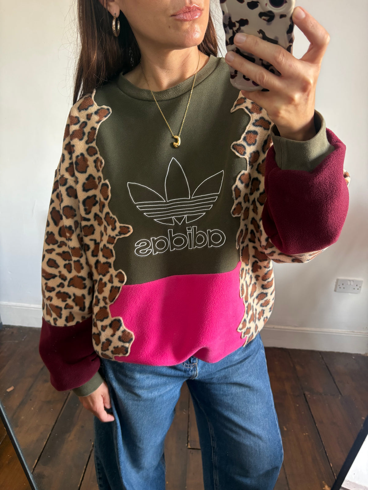 Y2K khaki adidas, leopard print, pink and burgundy patchwork fleece sweatshirt.