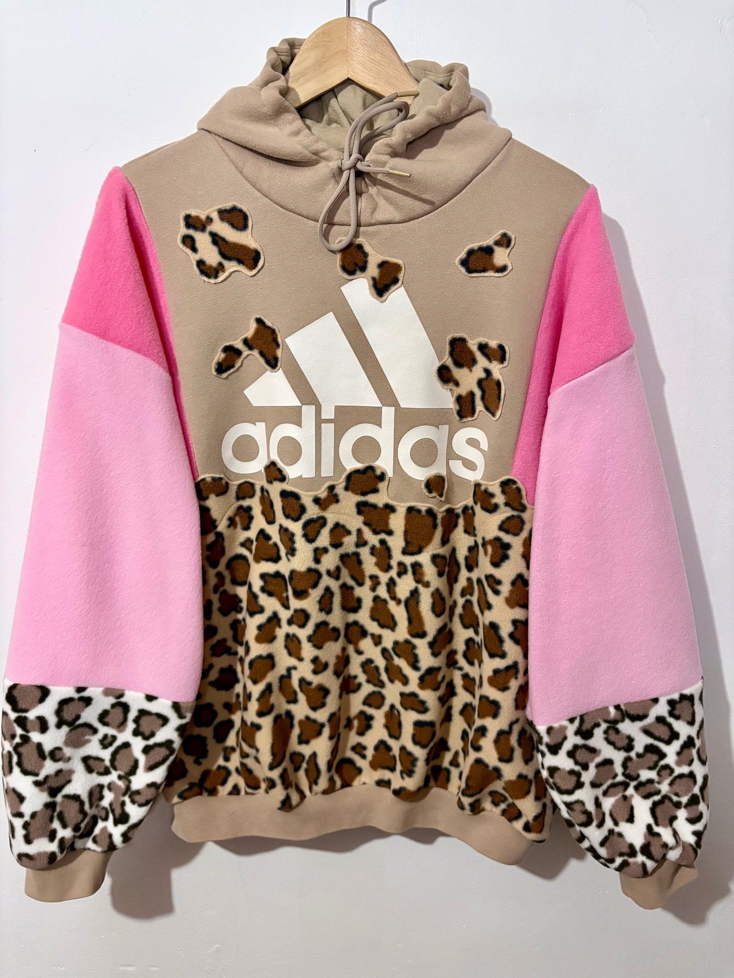Y2K beige adidas leopard, animal print, pink patchwork fleece hoodie sweatshirt.