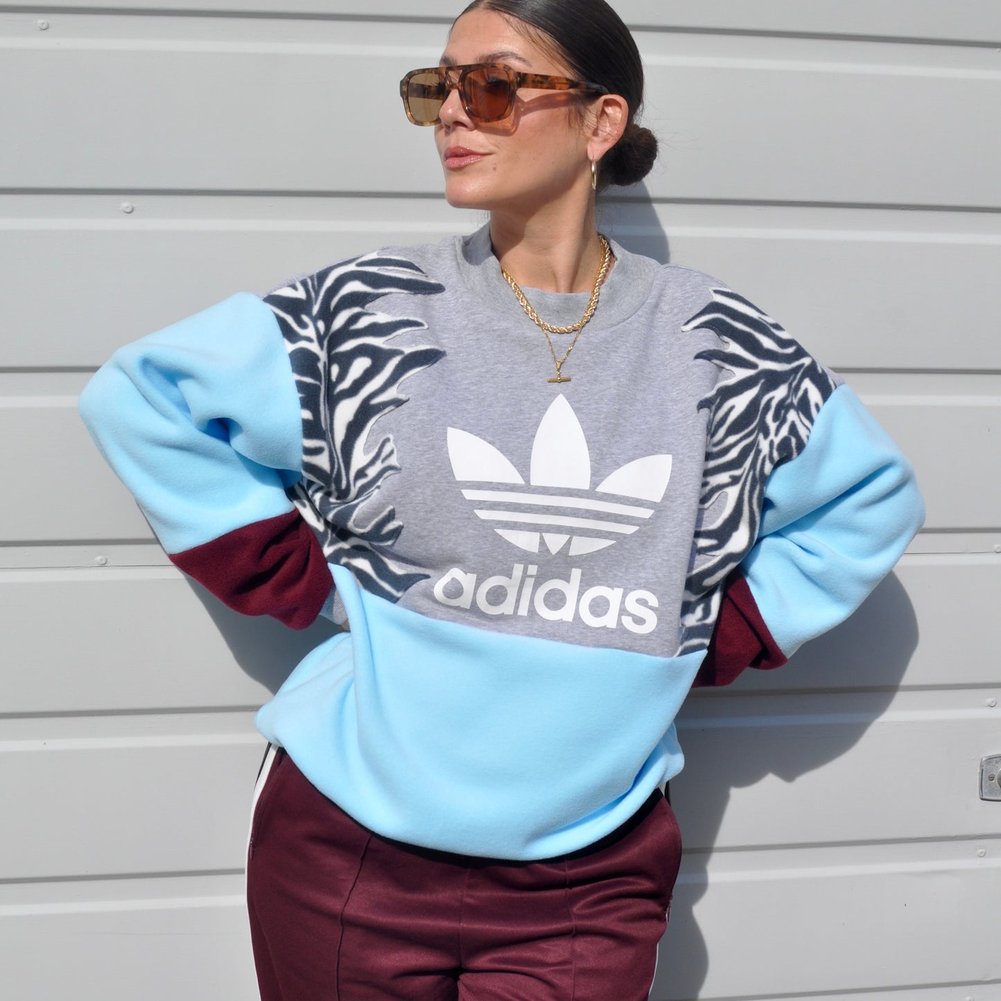 Adidas zebra stripe fleece sweatshirt.