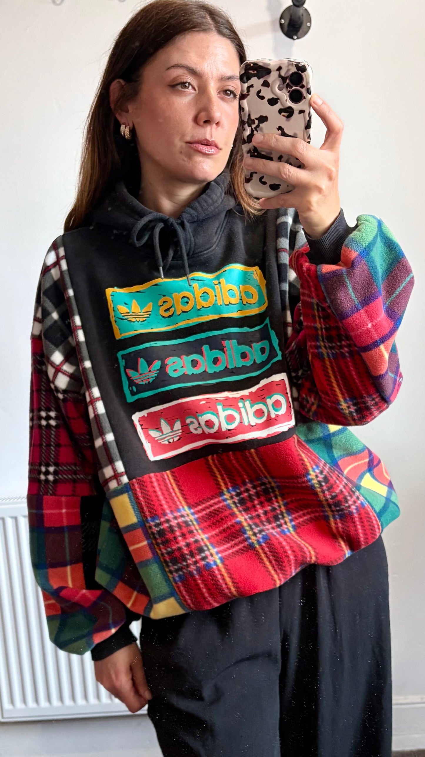Y2K black adidas tartan checked fleece patchwork hoodie sweatshirt.