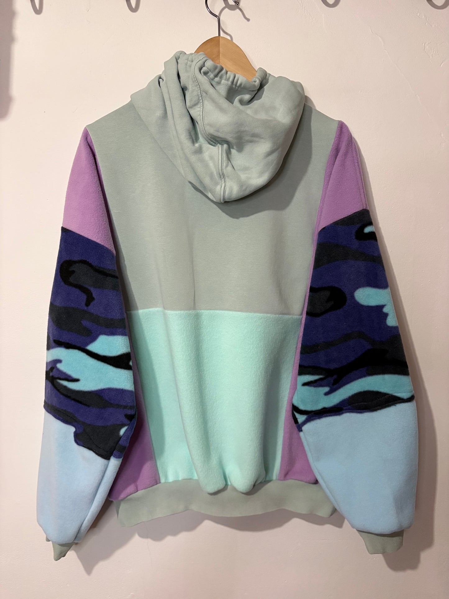 Y2K mint green adidas pastel camouflage patchwork fleece hoodie sweatshirt.