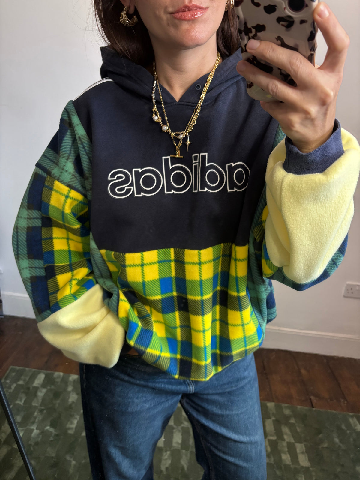 Y2K navy adidas spell out logo clashing checked tartan patchwork hoodie sweatshirt.