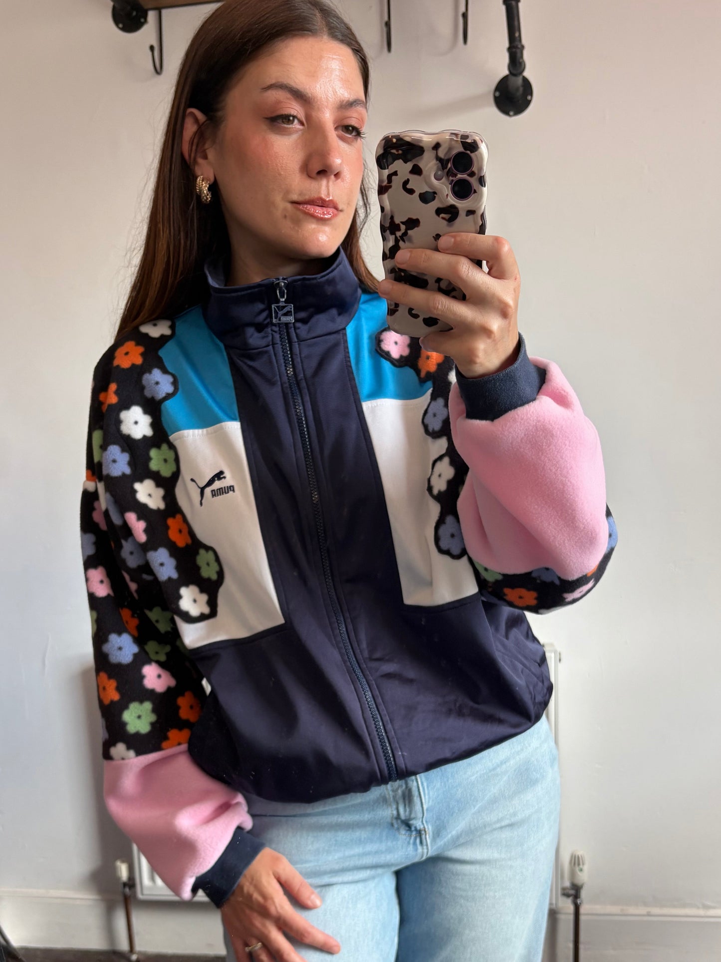 Vintage Y2K Puma flower floral pastel fleece patchwork track jacket.
