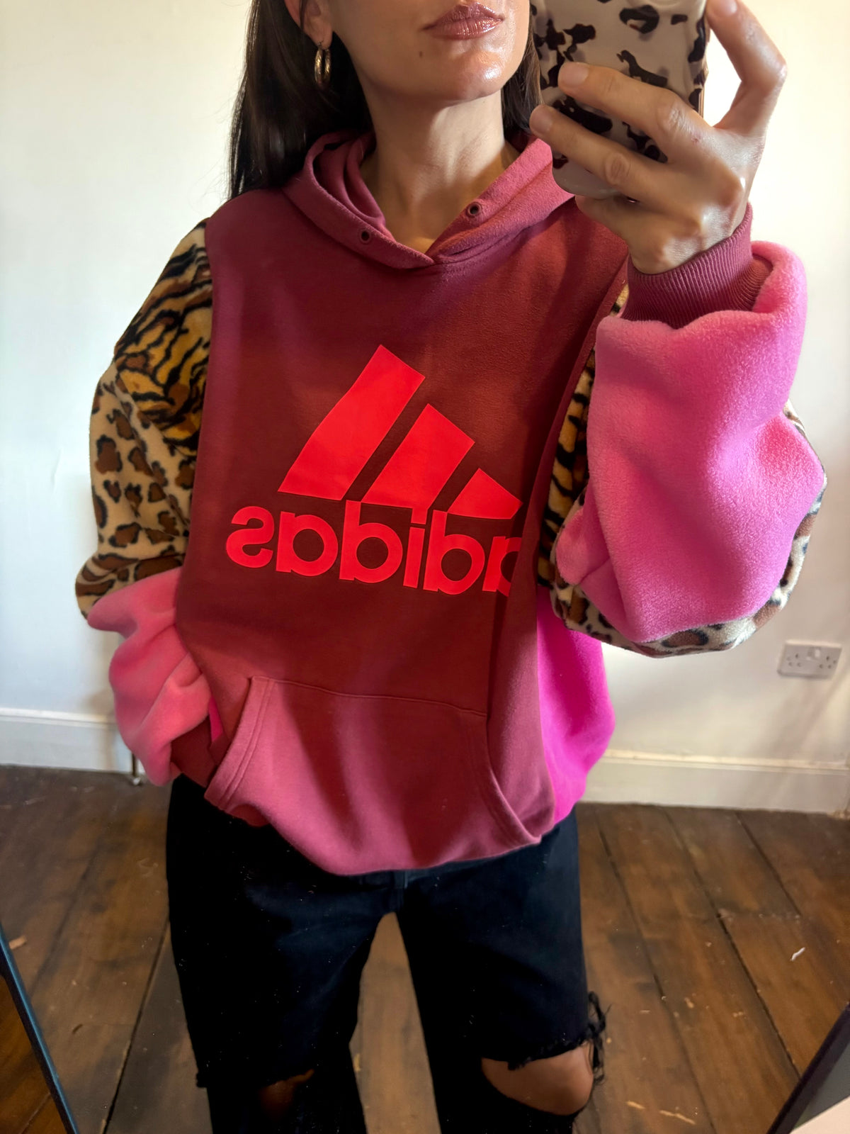 Y2K rust adidas tiger, leopard print and pink fleece patchwork hoodie sweatshirt.