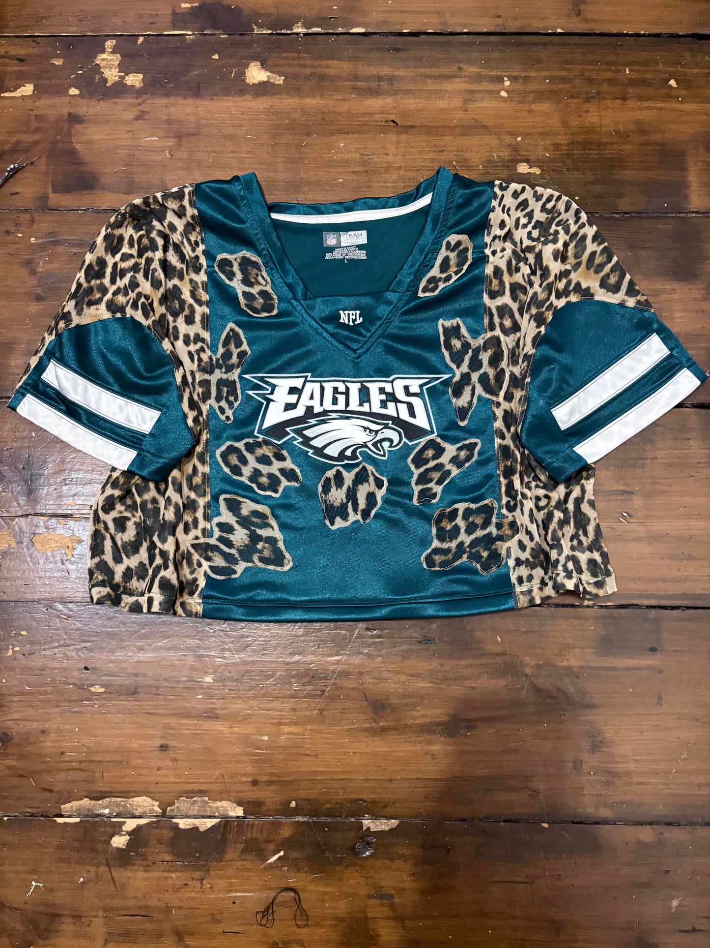 Vintage Y2K NFL Philadelphia Eagles leopard print sheer mesh cropped jersey tshirt.