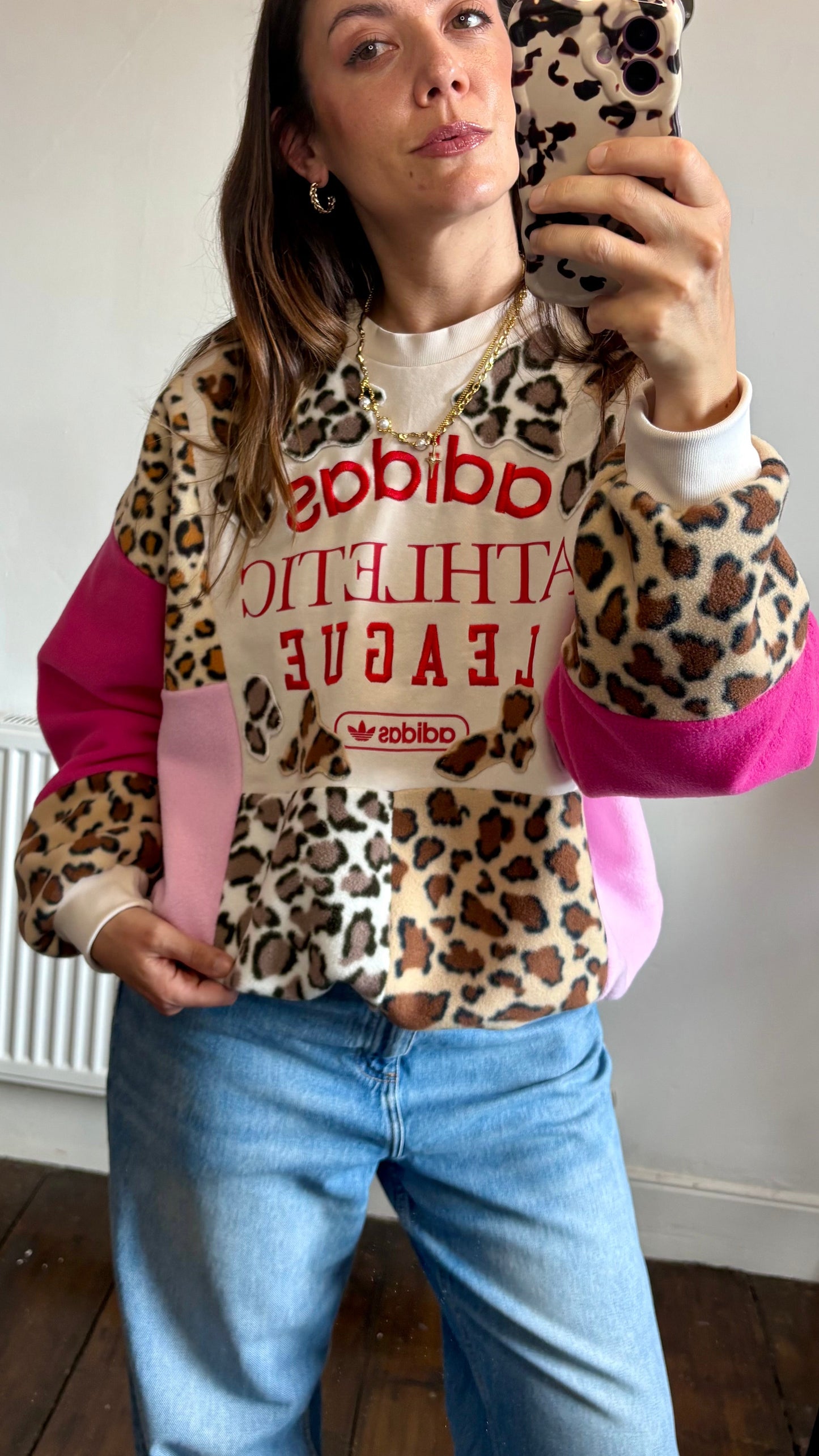 Y2K cream adidas leopard, animal print, pink patchwork fleece sweatshirt.