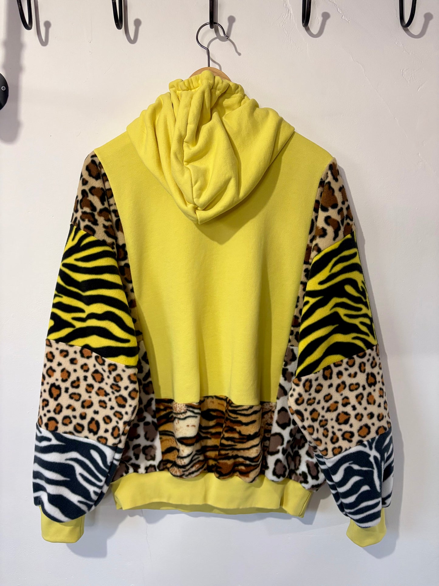 Y2K yellow adidas leopard animal print, patchwork fleece hoodie sweatshirt.