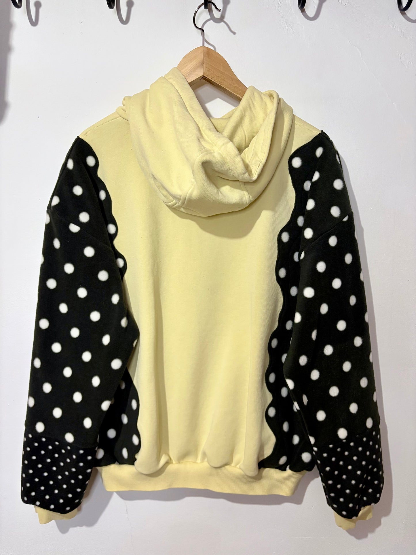 Y2K butter yellow adidas lace and polka dot patchwork hoodie sweatshirt.