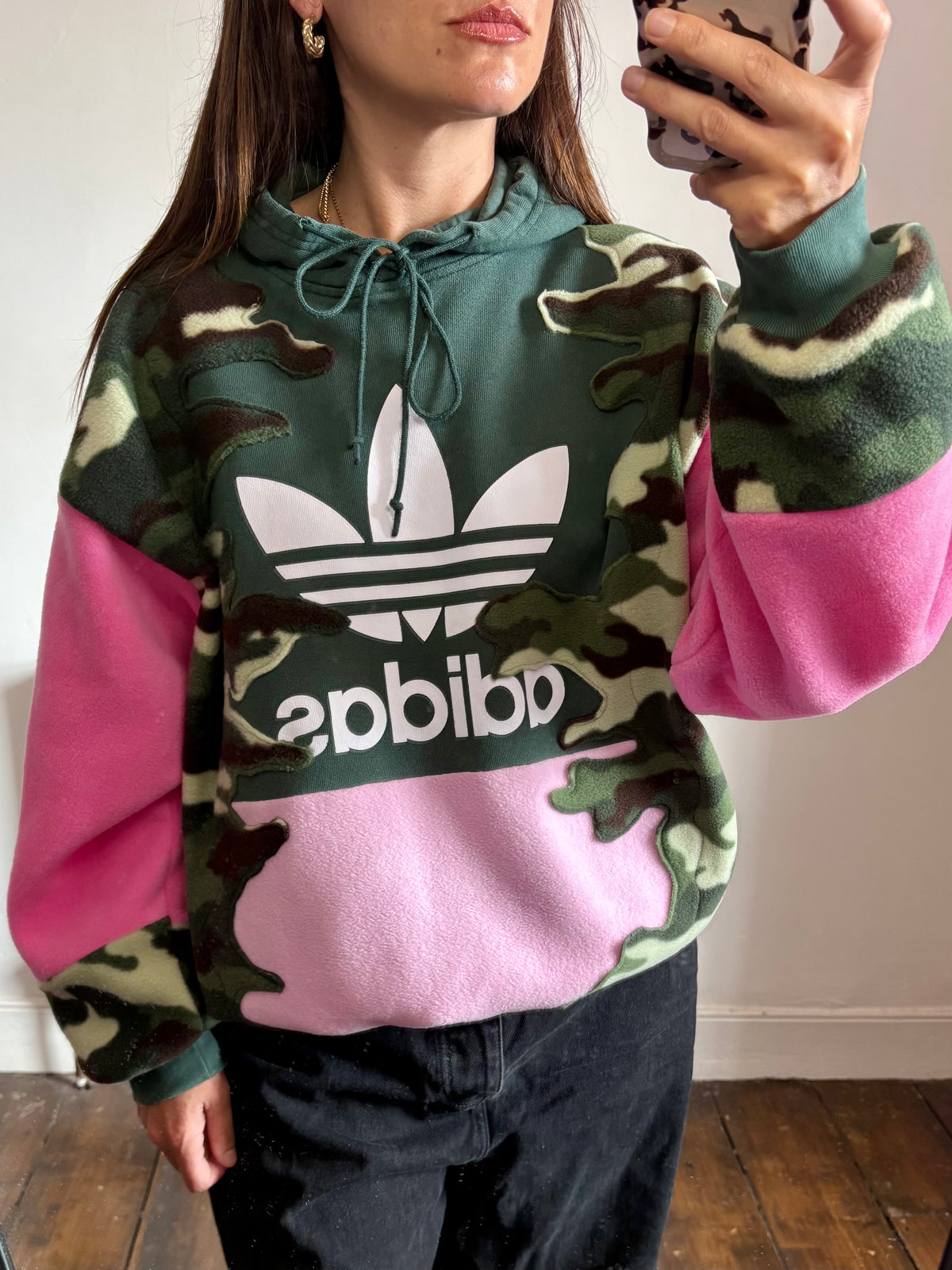 Y2K green adidas camouflage and pink patchwork fleece hoodie sweatshirt.