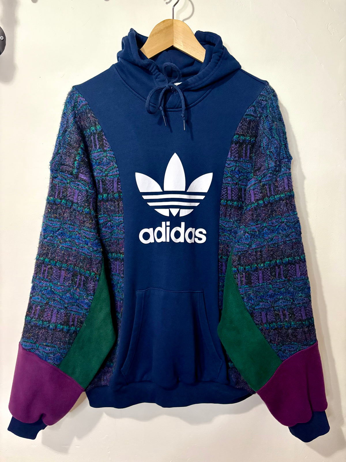 Vintage adidas trefoil logo funky pattern knit patchwork hoodie sweatshirt.