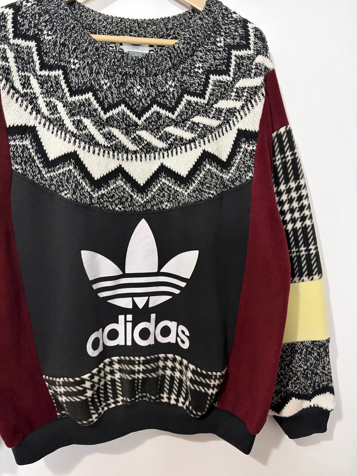 Vintage adidas logo Fair Isle pattern knit burgundy, butter yellow patchwork sweatshirt.