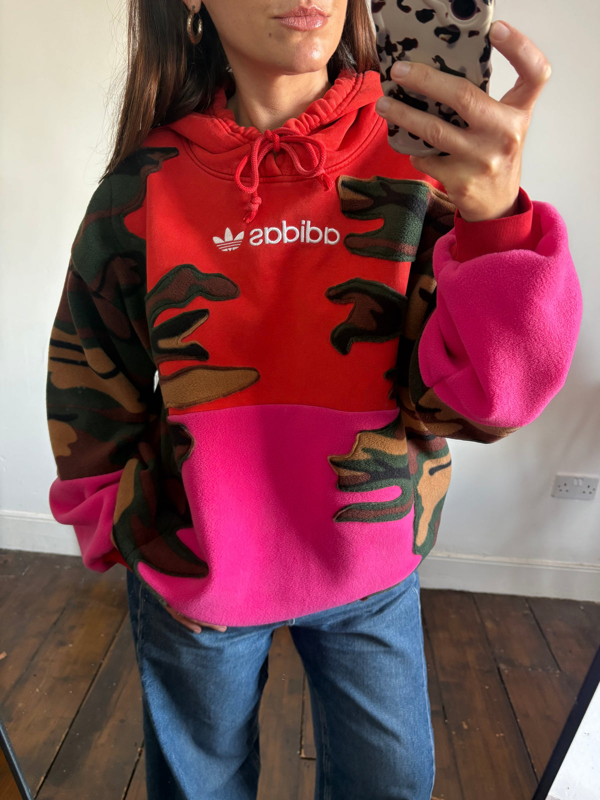 Y2K red adidas camouflage and pink patchwork fleece hoodie sweatshirt.