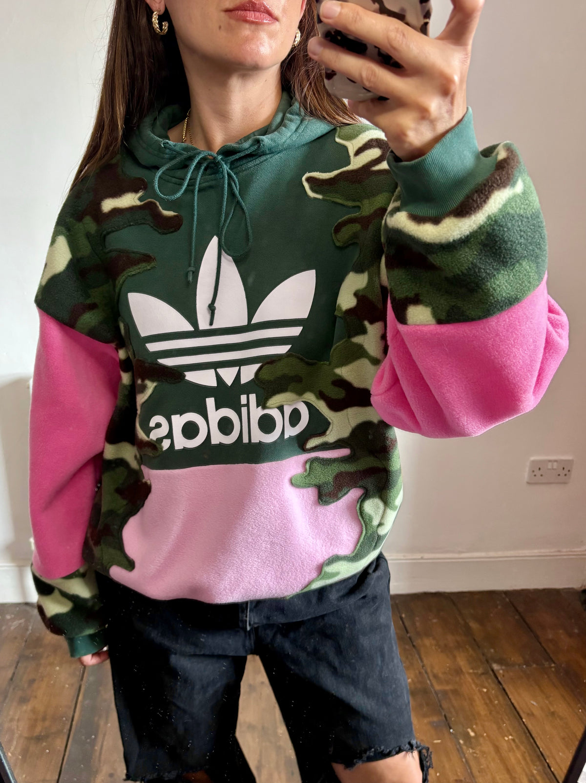 Y2K green adidas camouflage and pink patchwork fleece hoodie sweatshirt.