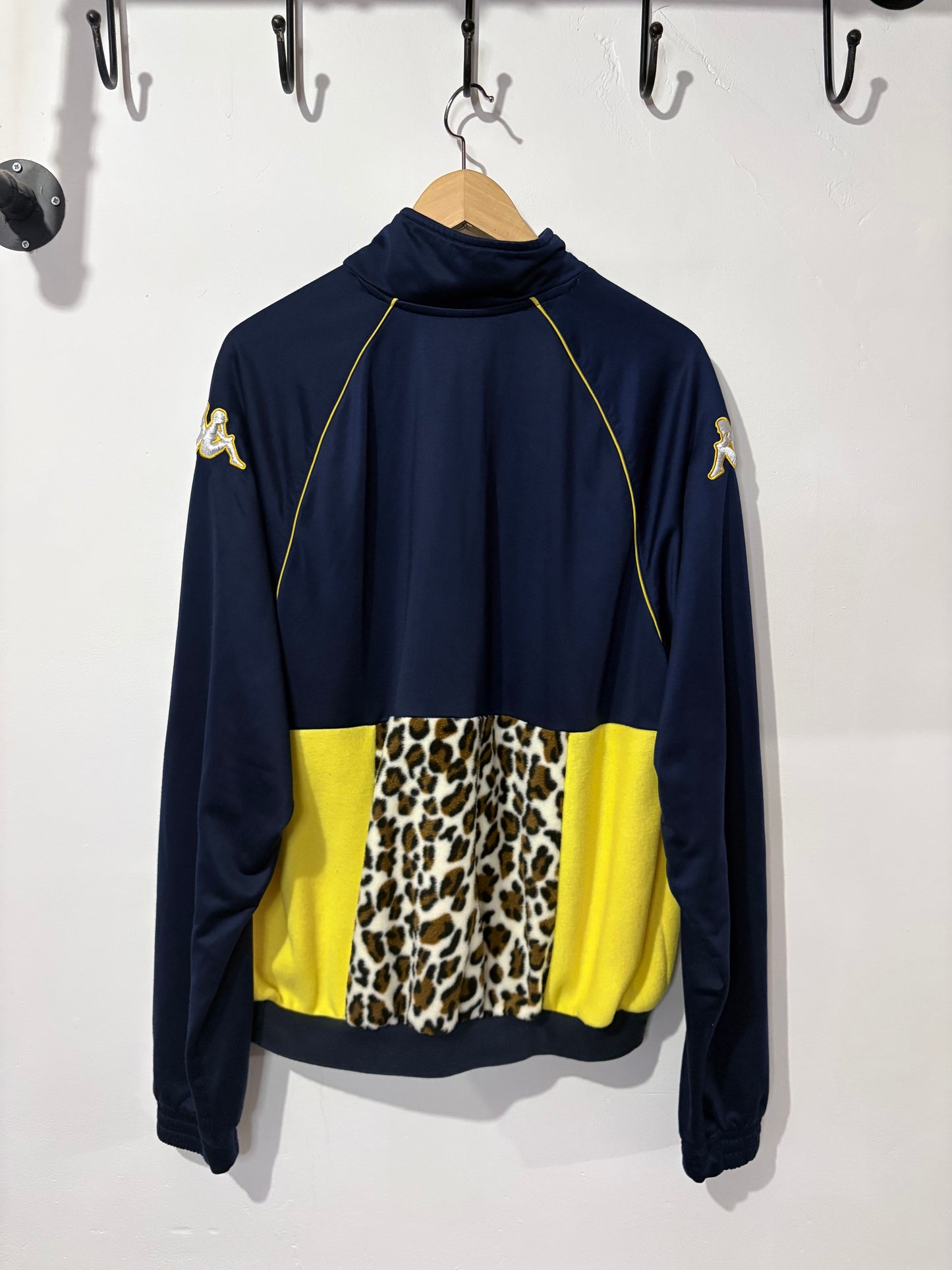 Vintage Y2K Kappa leopard print yellow patchwork fleece 1/4 zip track jacket sweatshirt.