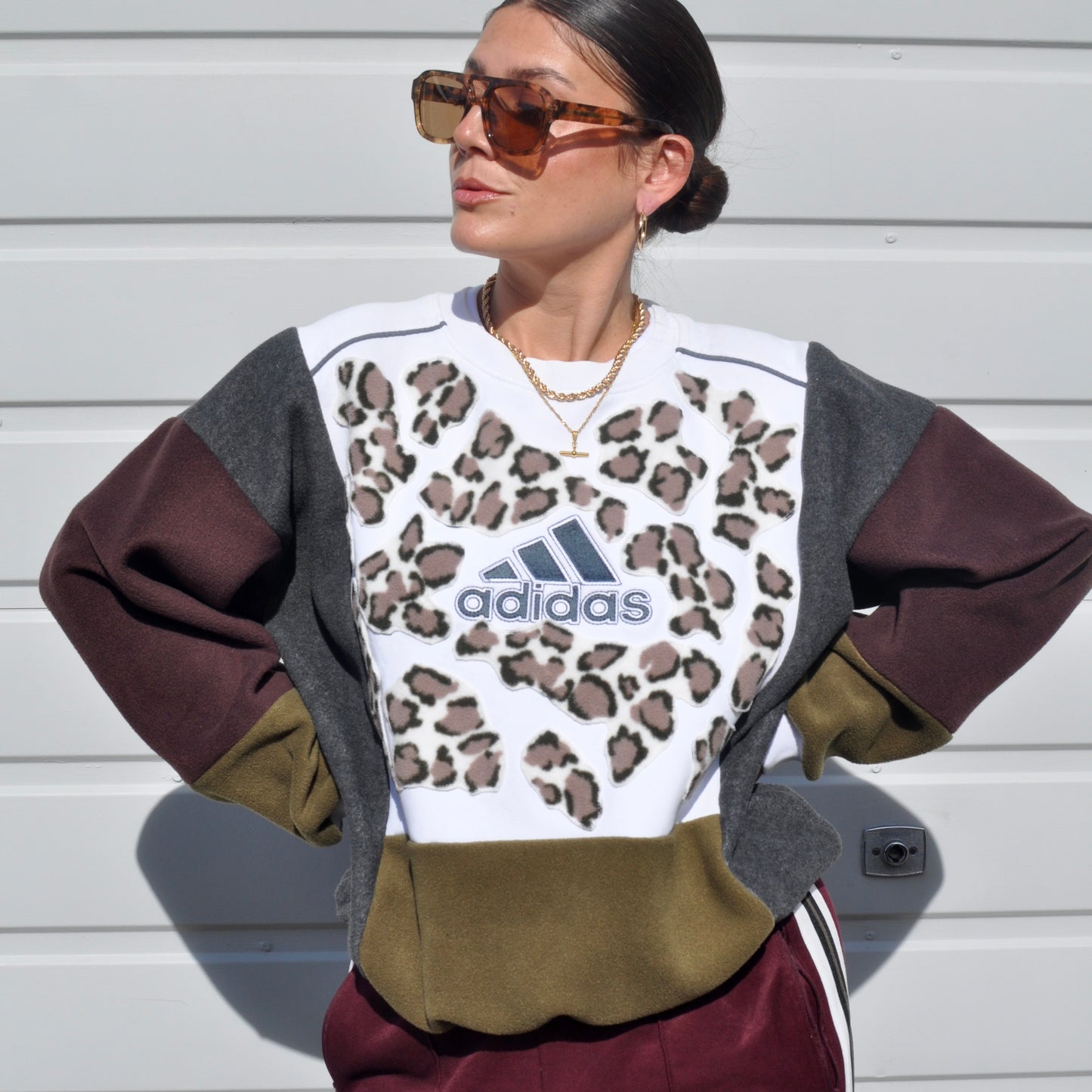 Leopard print fleece patchwork adidas logo sweatshirt