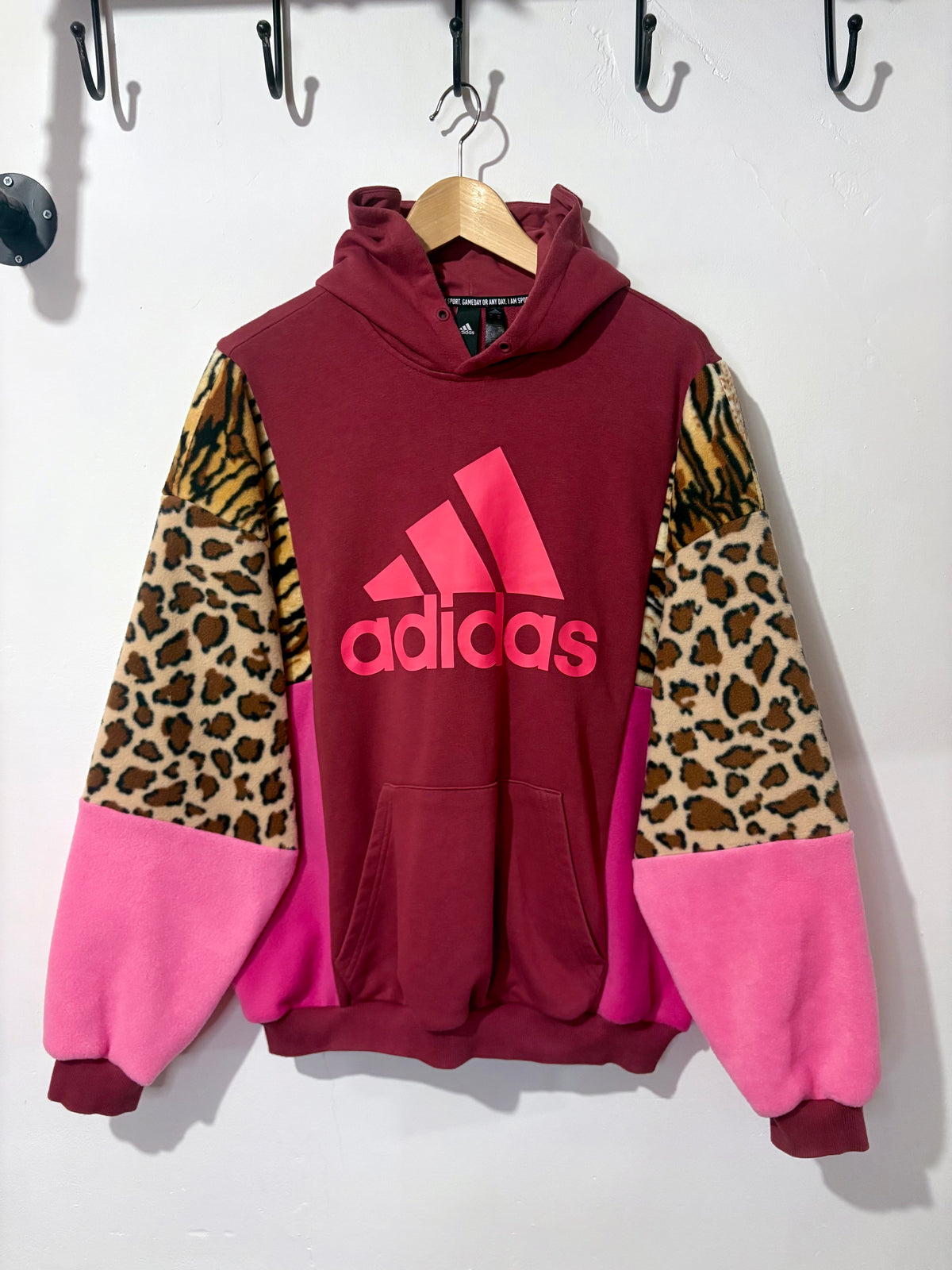 Y2K rust adidas tiger, leopard print and pink fleece patchwork hoodie sweatshirt.