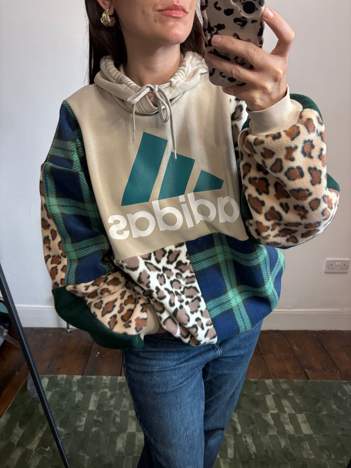 Y2K beige adidas logo clashing checked tartan and leopard print patchwork hoodie sweatshirt.