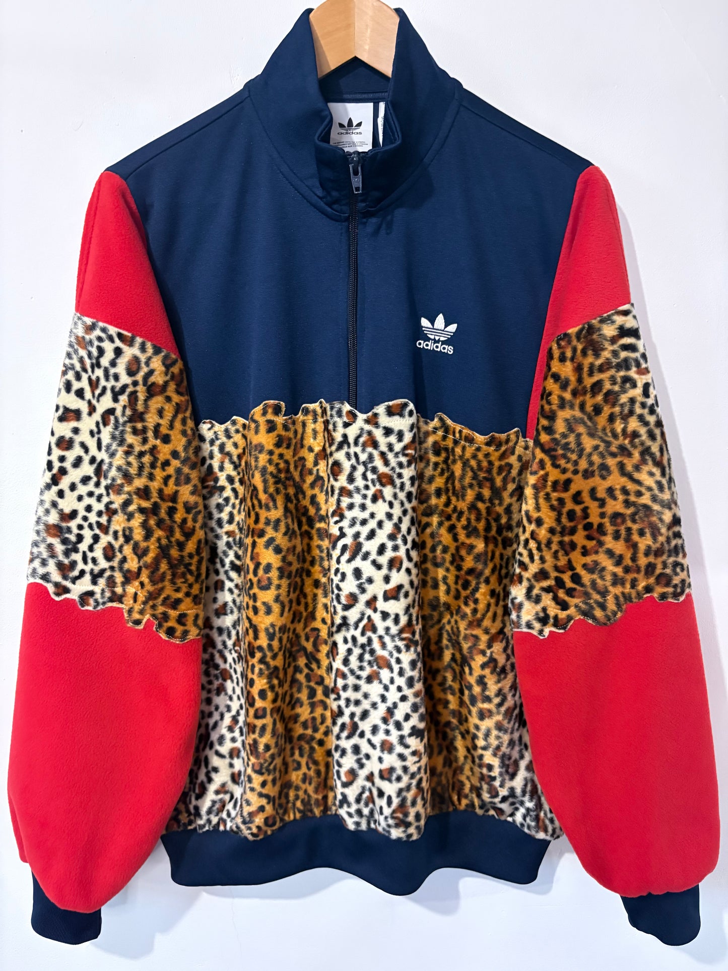 Vintage Y2K Adidas cheetah leopard short fur patchwork 1/4 zip track jacket sweatshirt.
