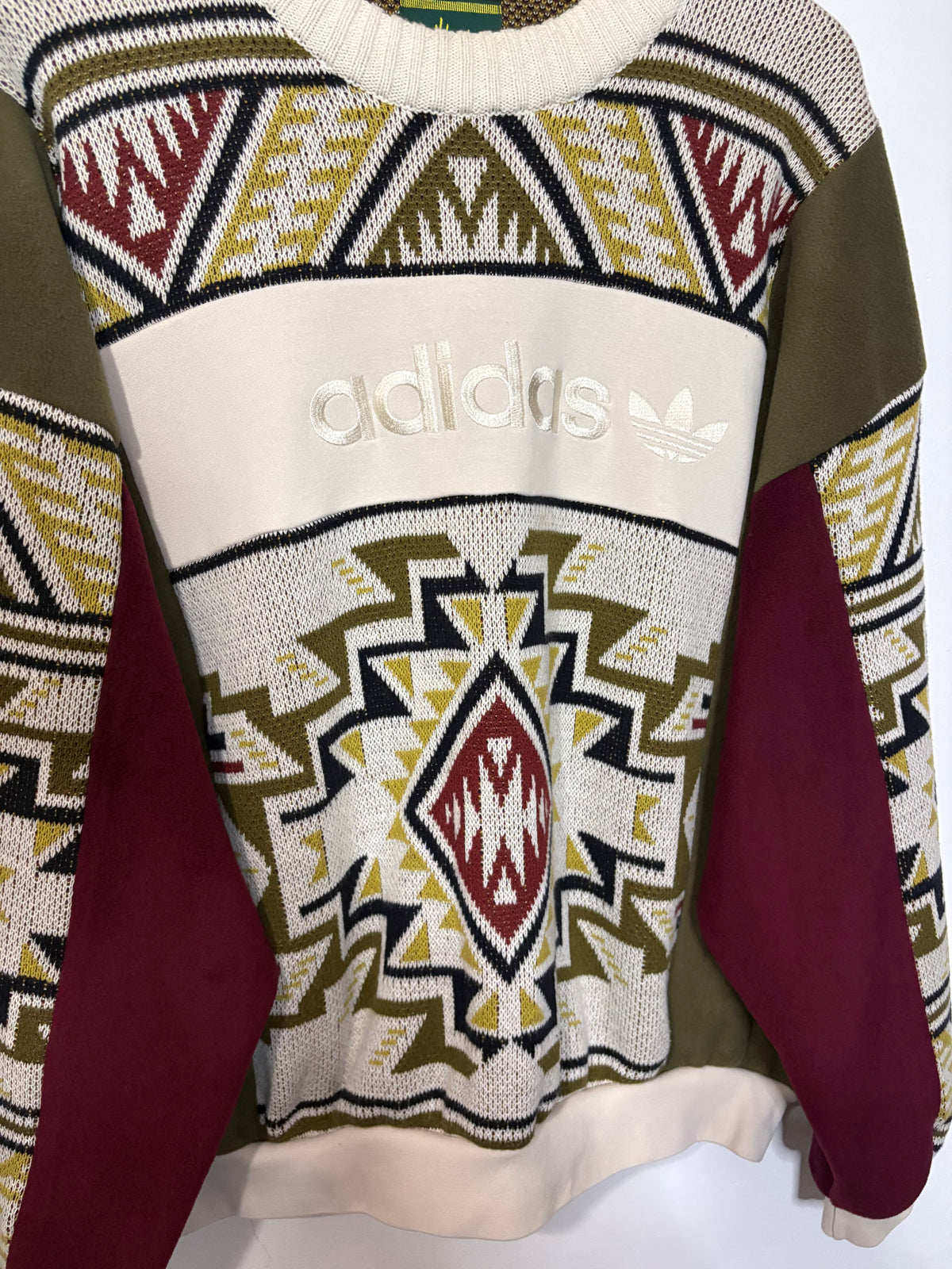 Vintage cream adidas logo funky pattern knit patchwork burgundy, khaki fleece sweatshirt.