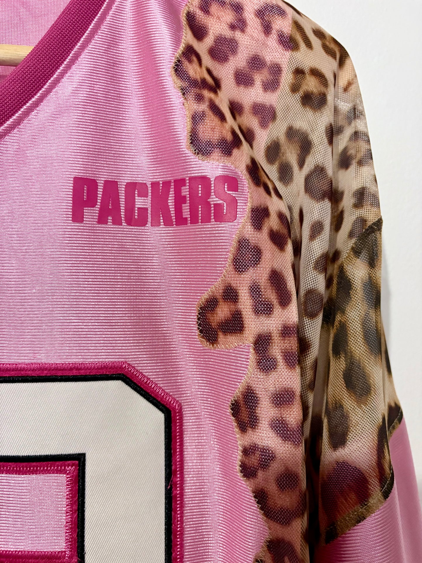 Vintage Y2K NFL Green Bay Packers leopard print sheer mesh cropped jersey tshirt.