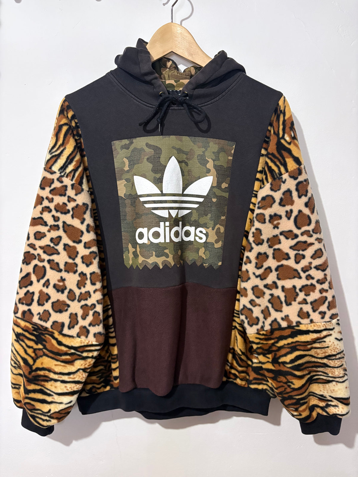 Y2K black adidas camouflage logo tiger and leopard fleece patchwork hoodie sweatshirt.
