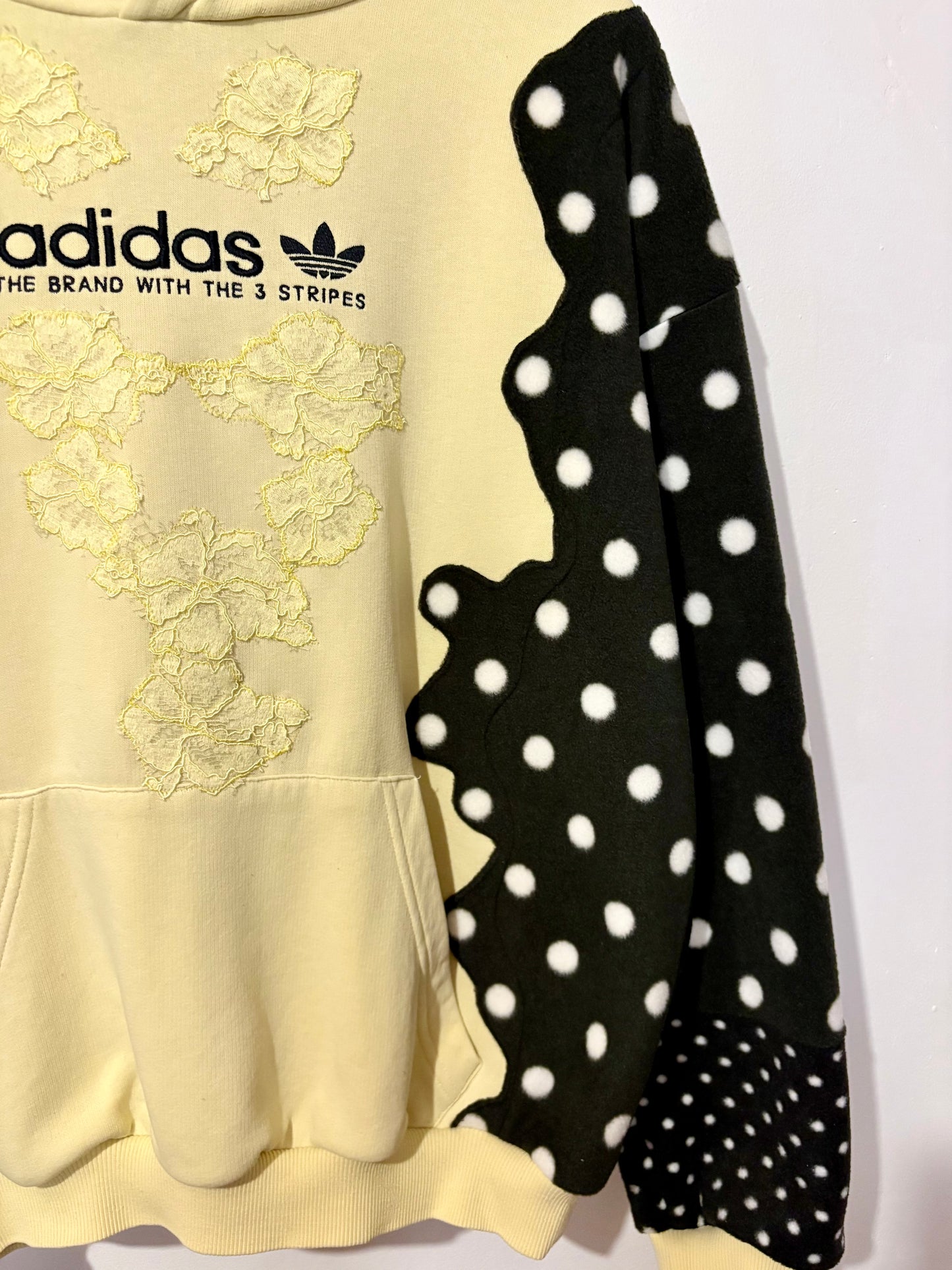 Y2K butter yellow adidas lace and polka dot patchwork hoodie sweatshirt.