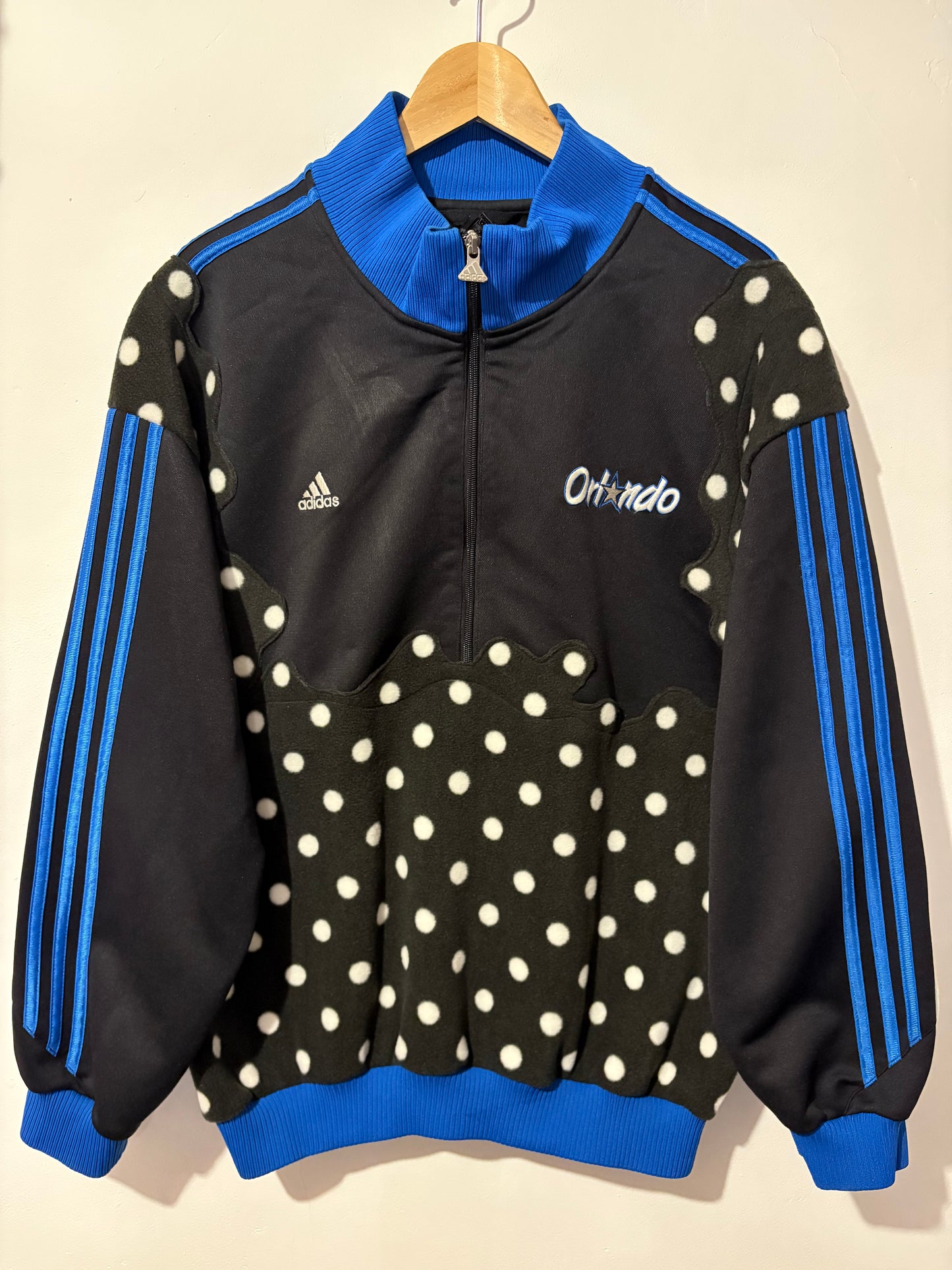 Vintage Y2K Adidas Orlando Magic NBA polka dot fleece patchwork 1/2 zip track jacket sweatshirt.