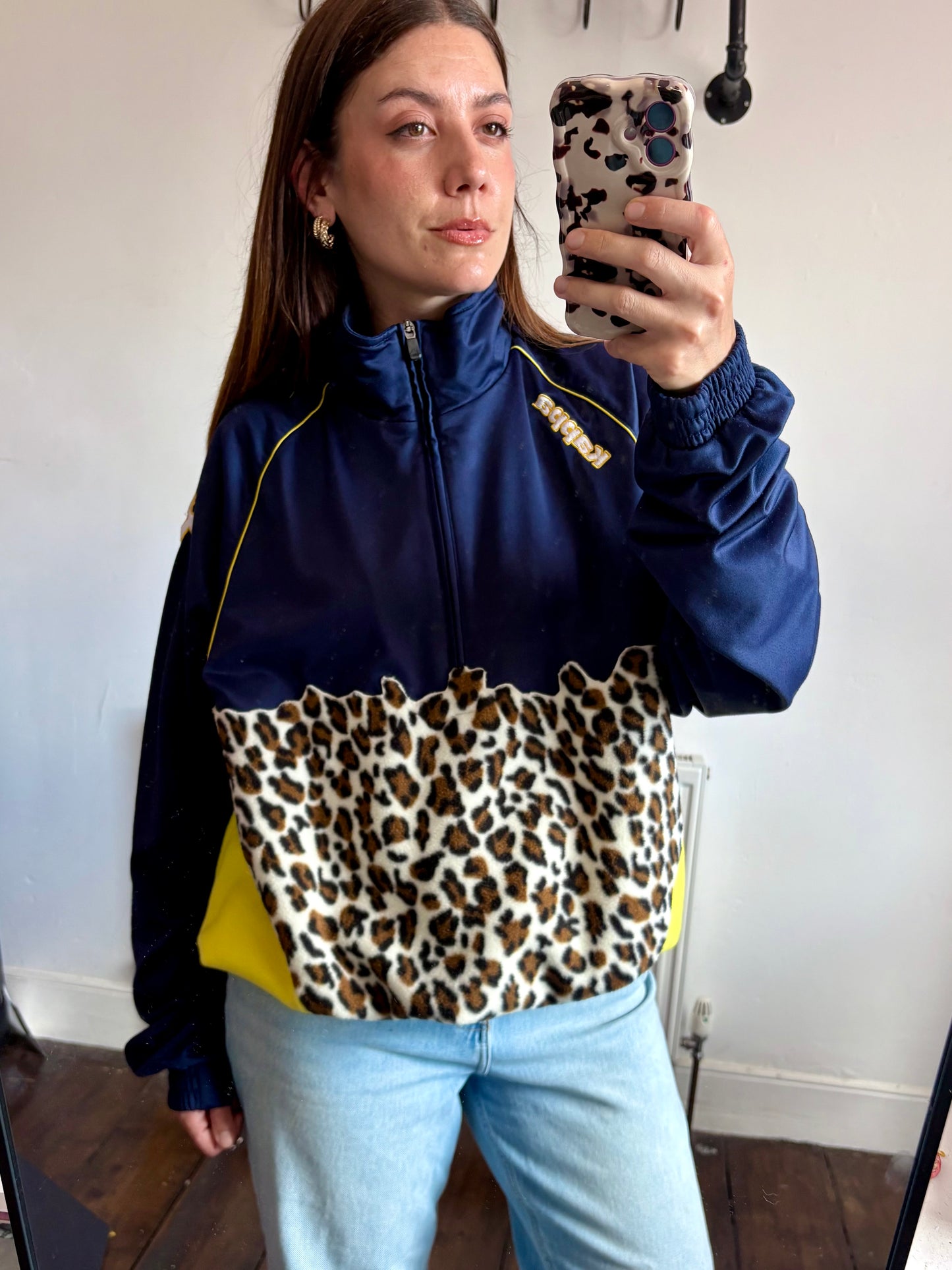 Vintage Y2K Kappa leopard print yellow patchwork fleece 1/4 zip track jacket sweatshirt.