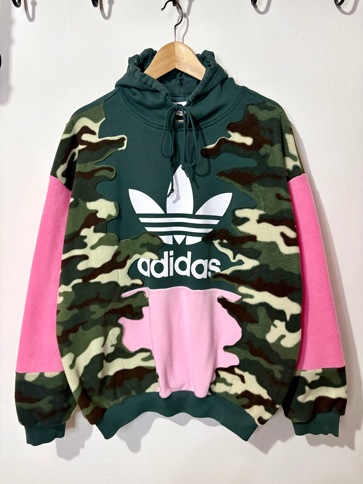 Y2K green adidas camouflage and pink patchwork fleece hoodie sweatshirt.