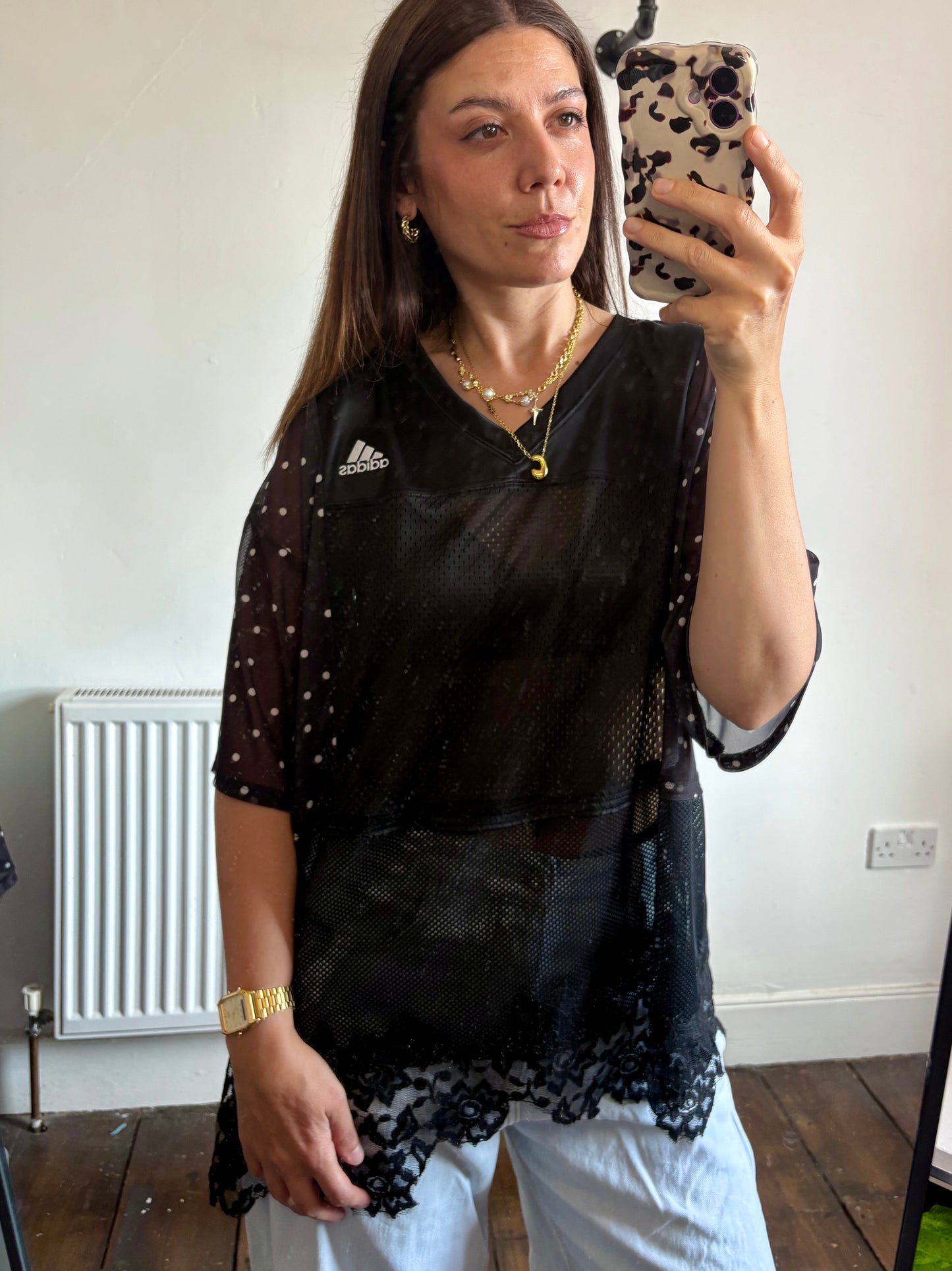 Vintage Y2K adidas polka dot sheer mesh lace patchwork tshirt