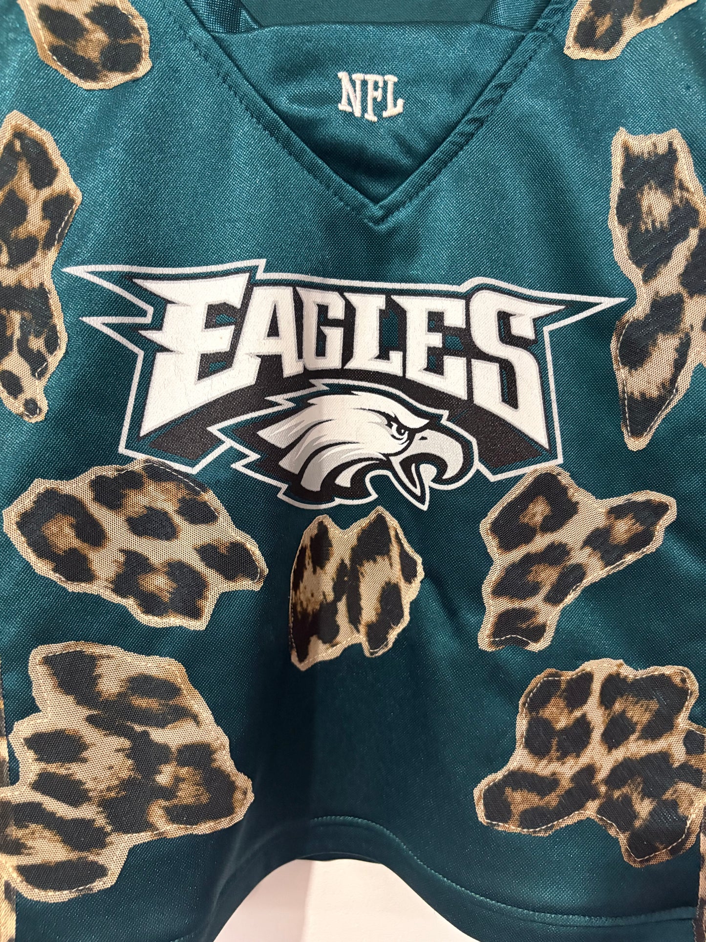 Vintage Y2K NFL Philadelphia Eagles leopard print sheer mesh cropped jersey tshirt.