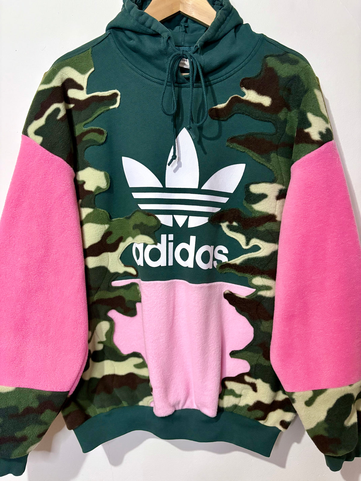 Y2K green adidas camouflage and pink patchwork fleece hoodie sweatshirt.