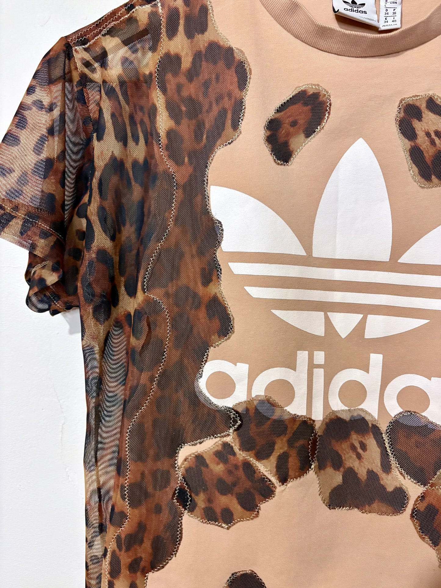 Vintage Y2K adidas leopard print sheer mesh wavy patchwork baby tee tshirt.