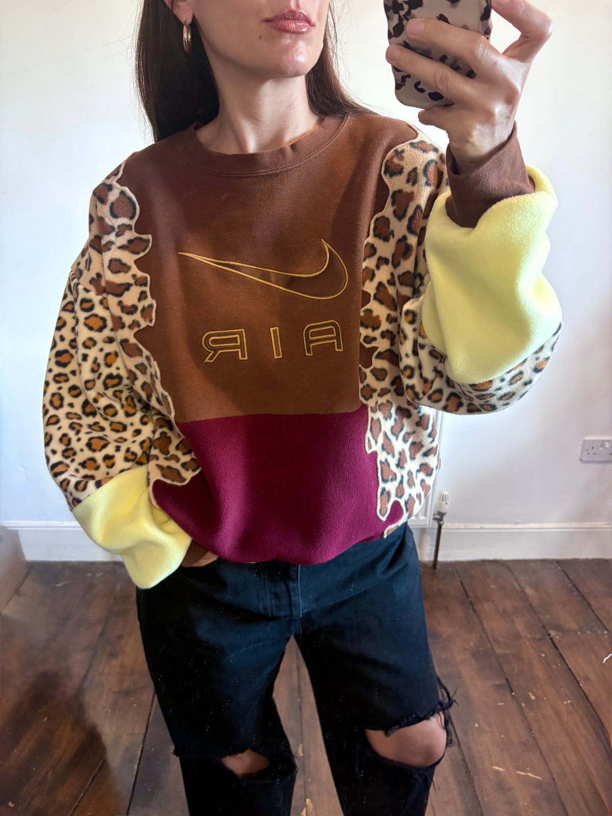 Y2K brown Nike air leopard print, burgundy and butter yellow fleece patchwork sweatshirt.