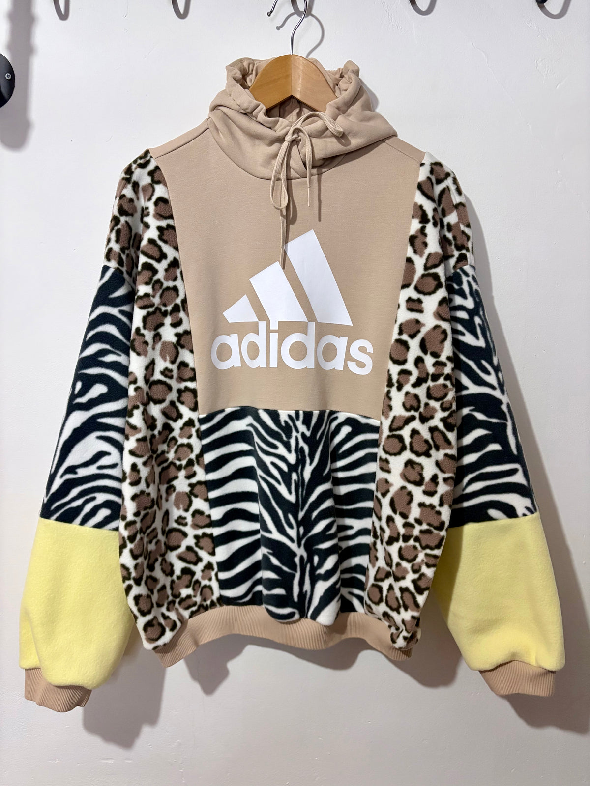 Y2K cream adidas zebra, leopard and butter yellow fleece patchwork hoodie sweatshirt.