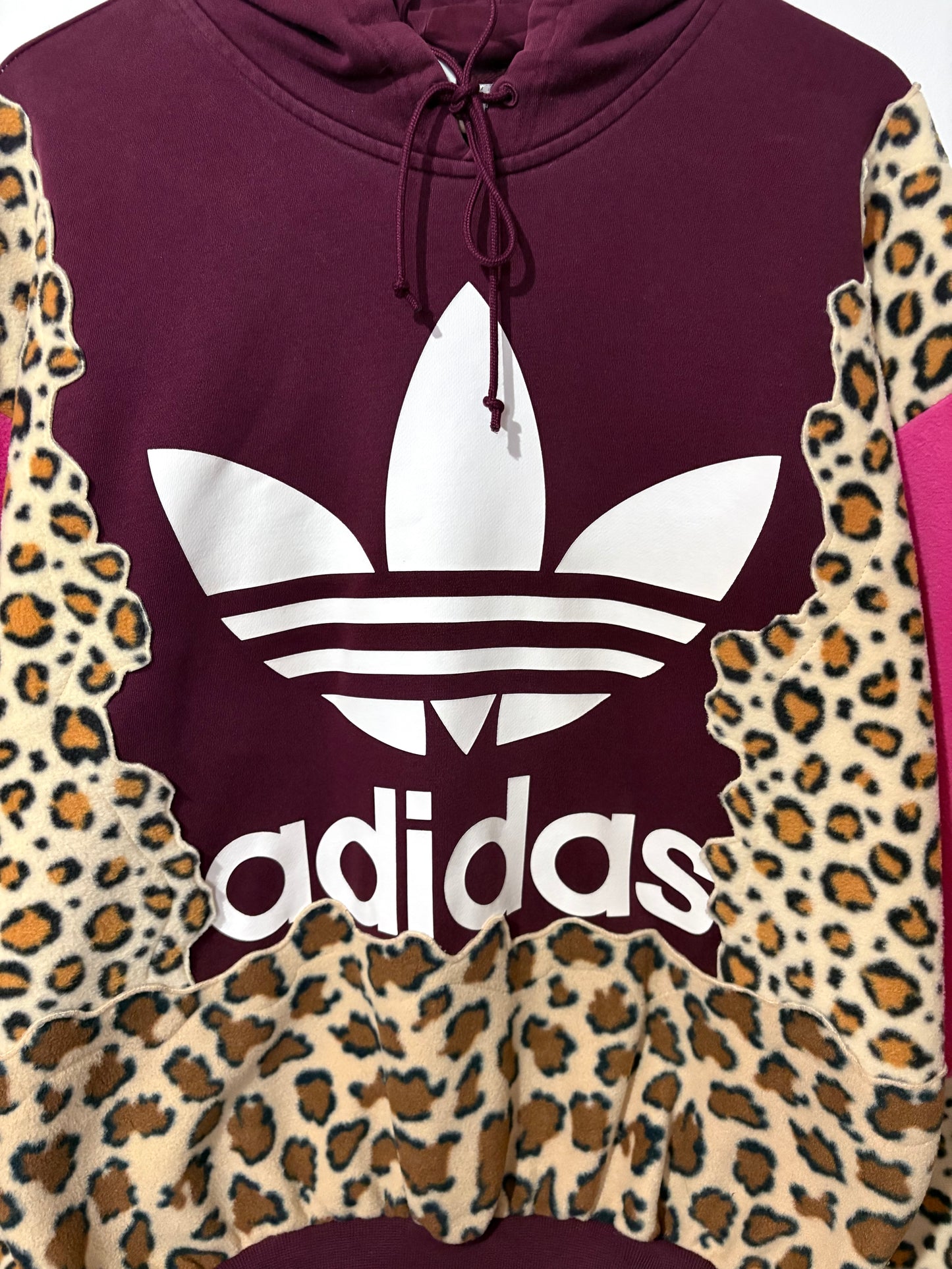 Y2K burgundy adidas leopard animal print, pink patchwork fleece hoodie sweatshirt