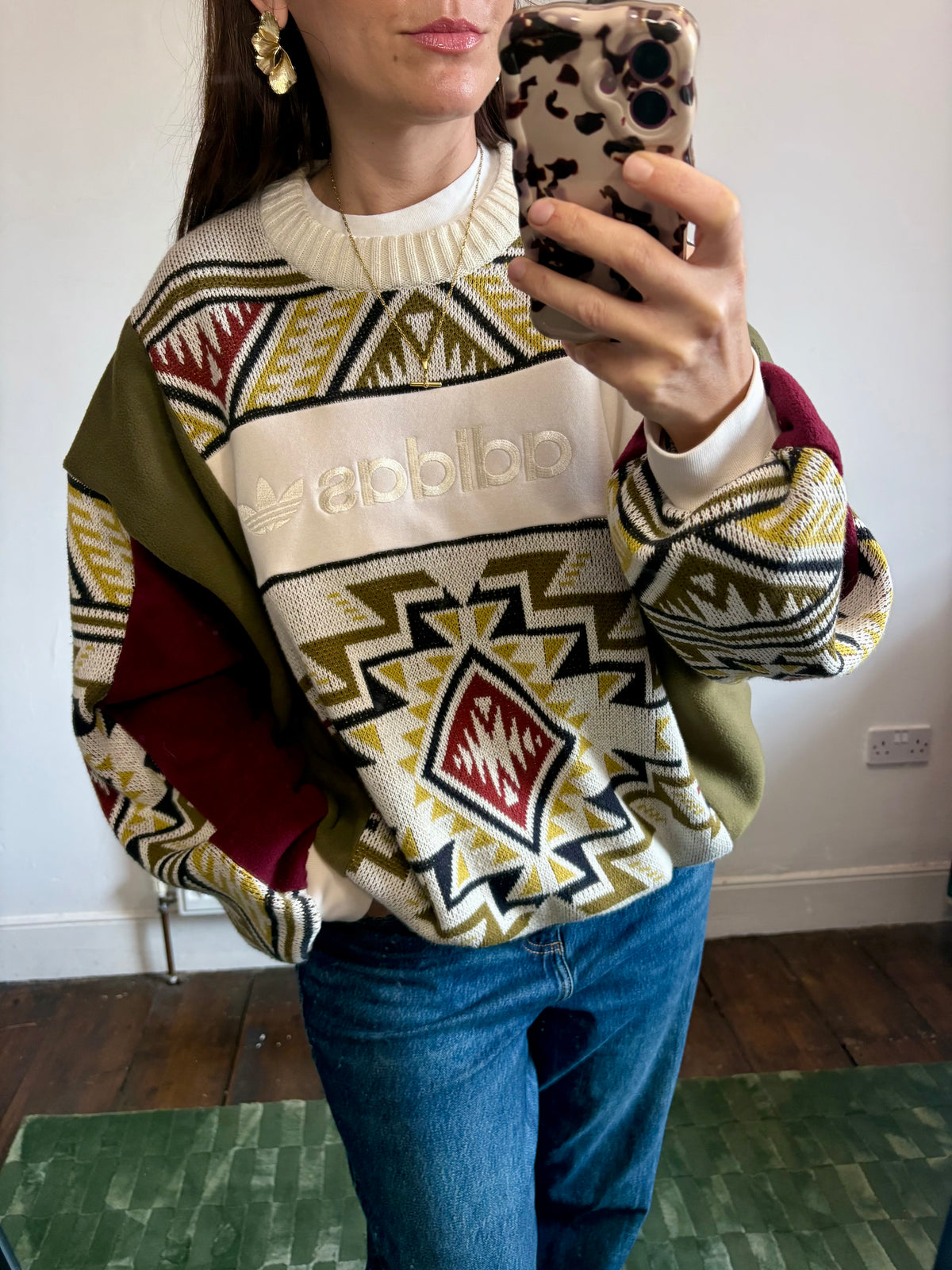 Vintage cream adidas logo funky pattern knit patchwork burgundy, khaki fleece sweatshirt.