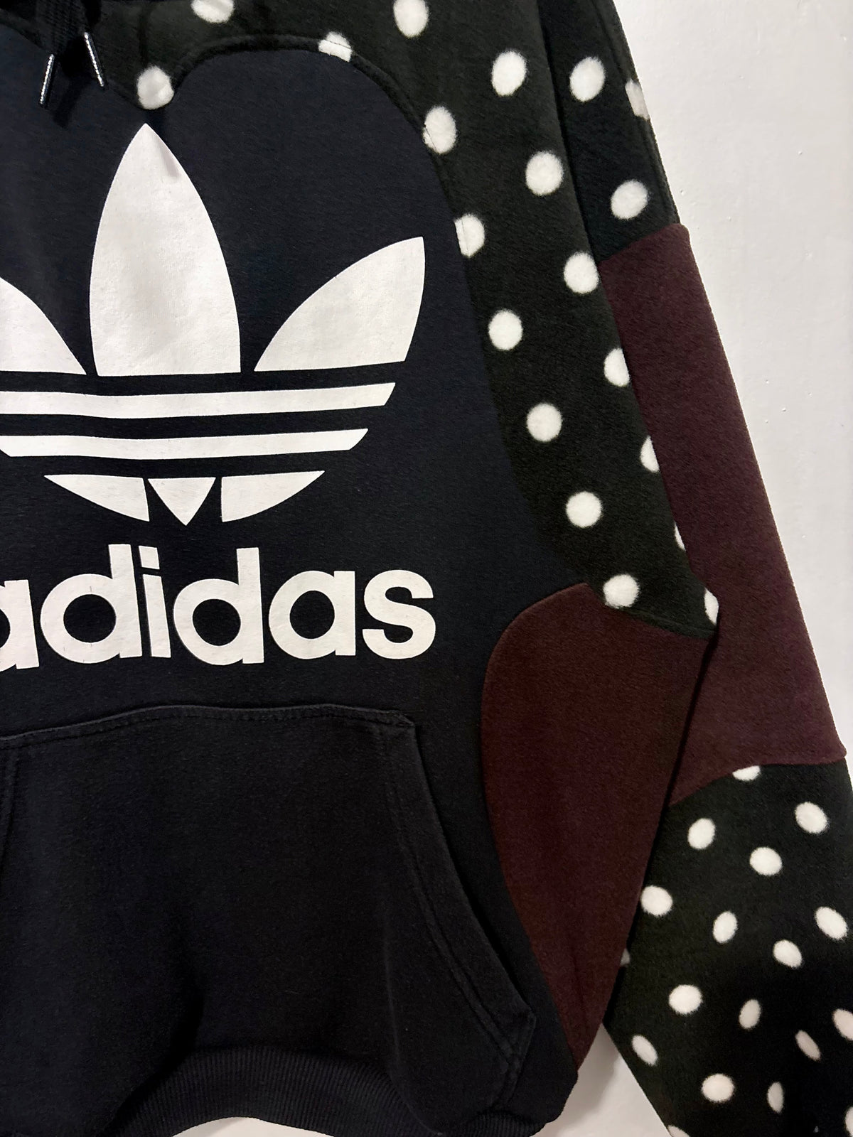 Y2K adidas logo polka dot and brown fleece patchwork hoodie sweatshirt.
