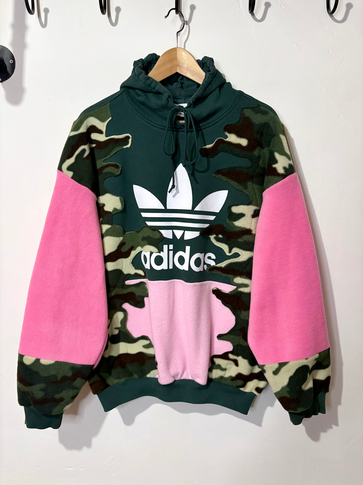 Y2K green adidas camouflage and pink patchwork fleece hoodie sweatshirt.