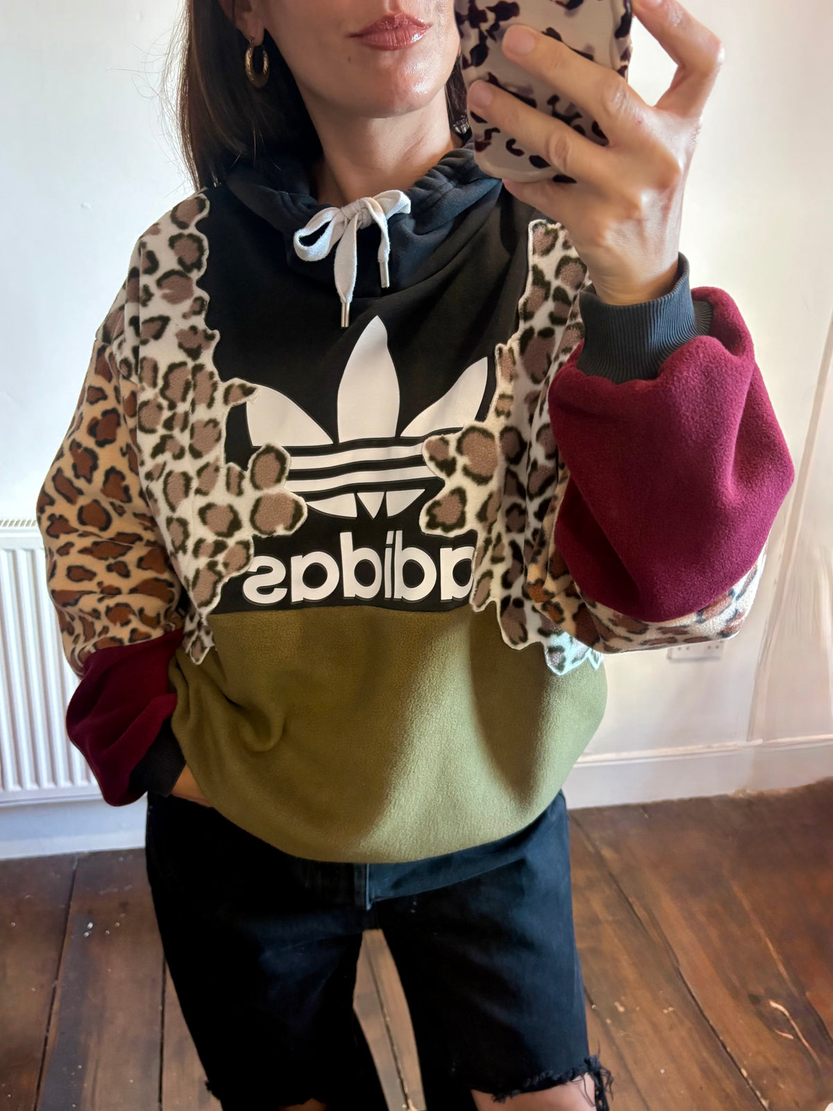 Y2K black adidas logo leopard print, khaki and burgundy fleece patchwork hoodie sweatshirt.