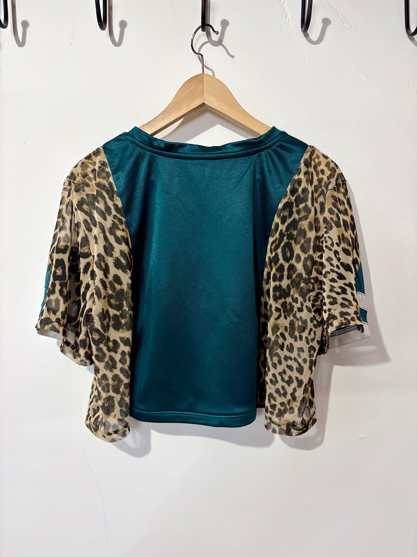 Vintage Y2K NFL Philadelphia Eagles leopard print sheer mesh cropped jersey tshirt.