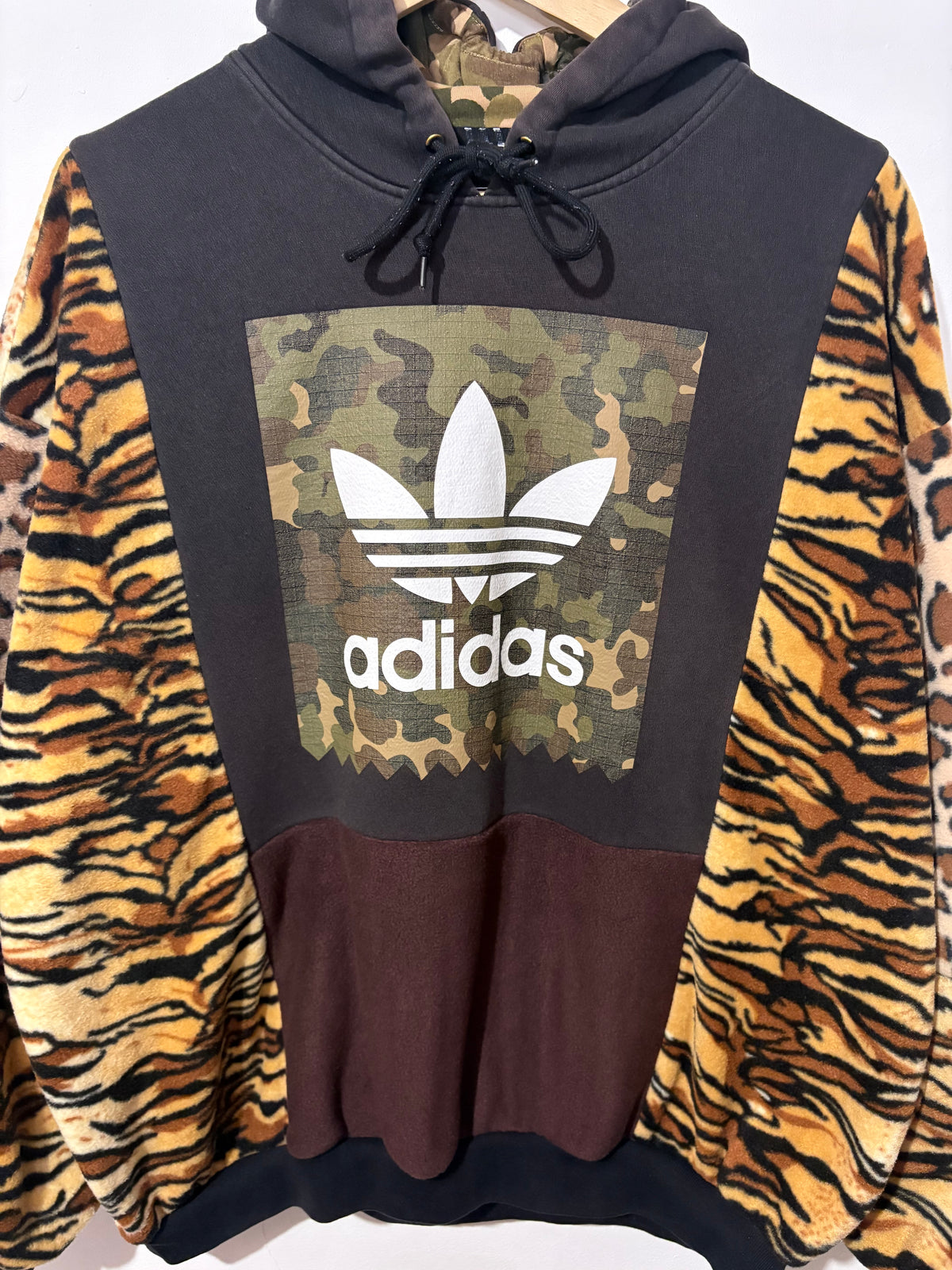Y2K black adidas camouflage logo tiger and leopard fleece patchwork hoodie sweatshirt.
