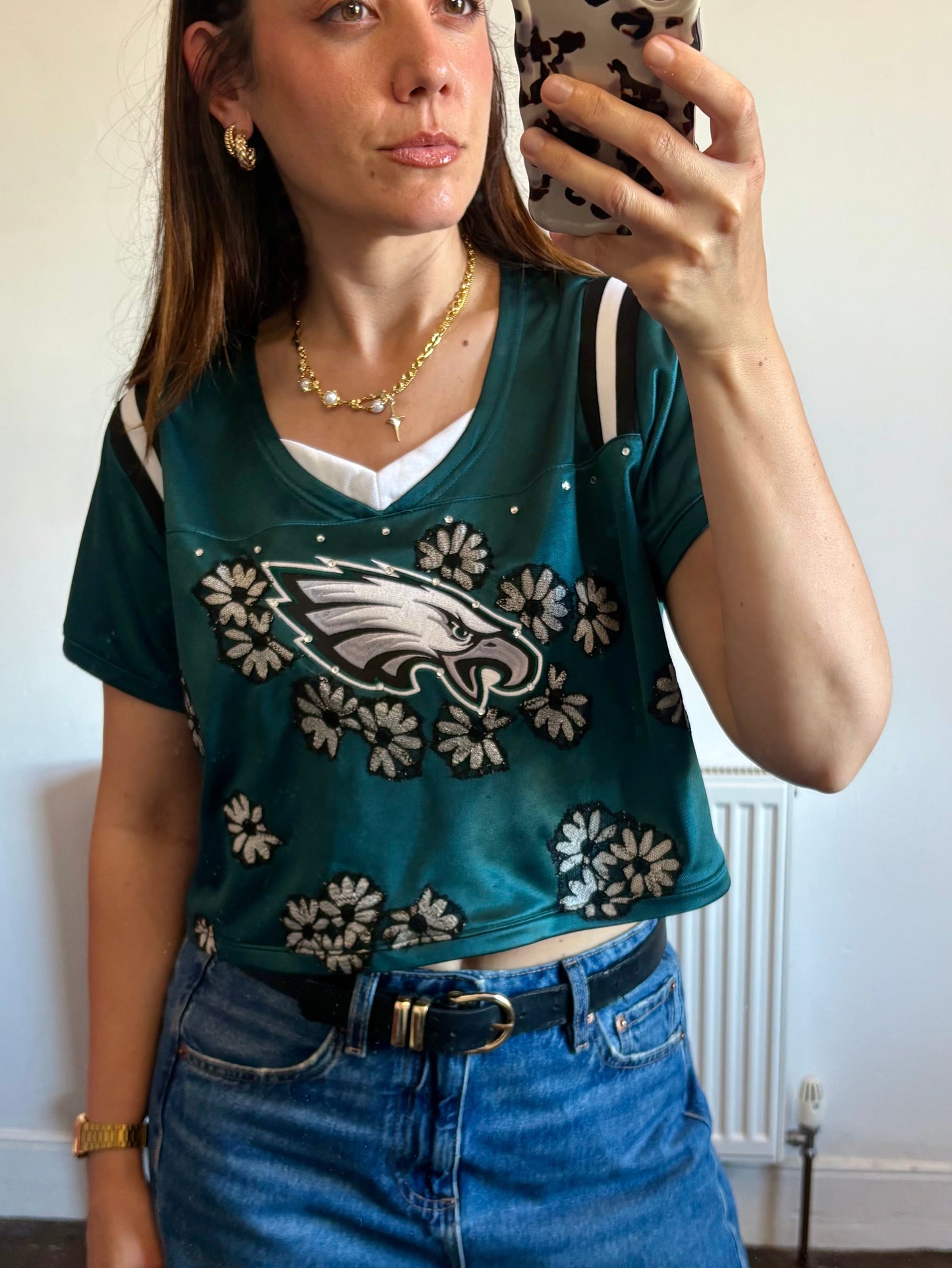 Vintage Y2K NFL Philadelphia Eagles daisy lace diamanté cropped jersey tshirt.
