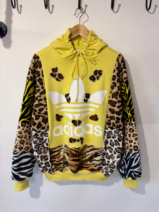 Y2K yellow adidas leopard animal print, patchwork fleece hoodie sweatshirt.