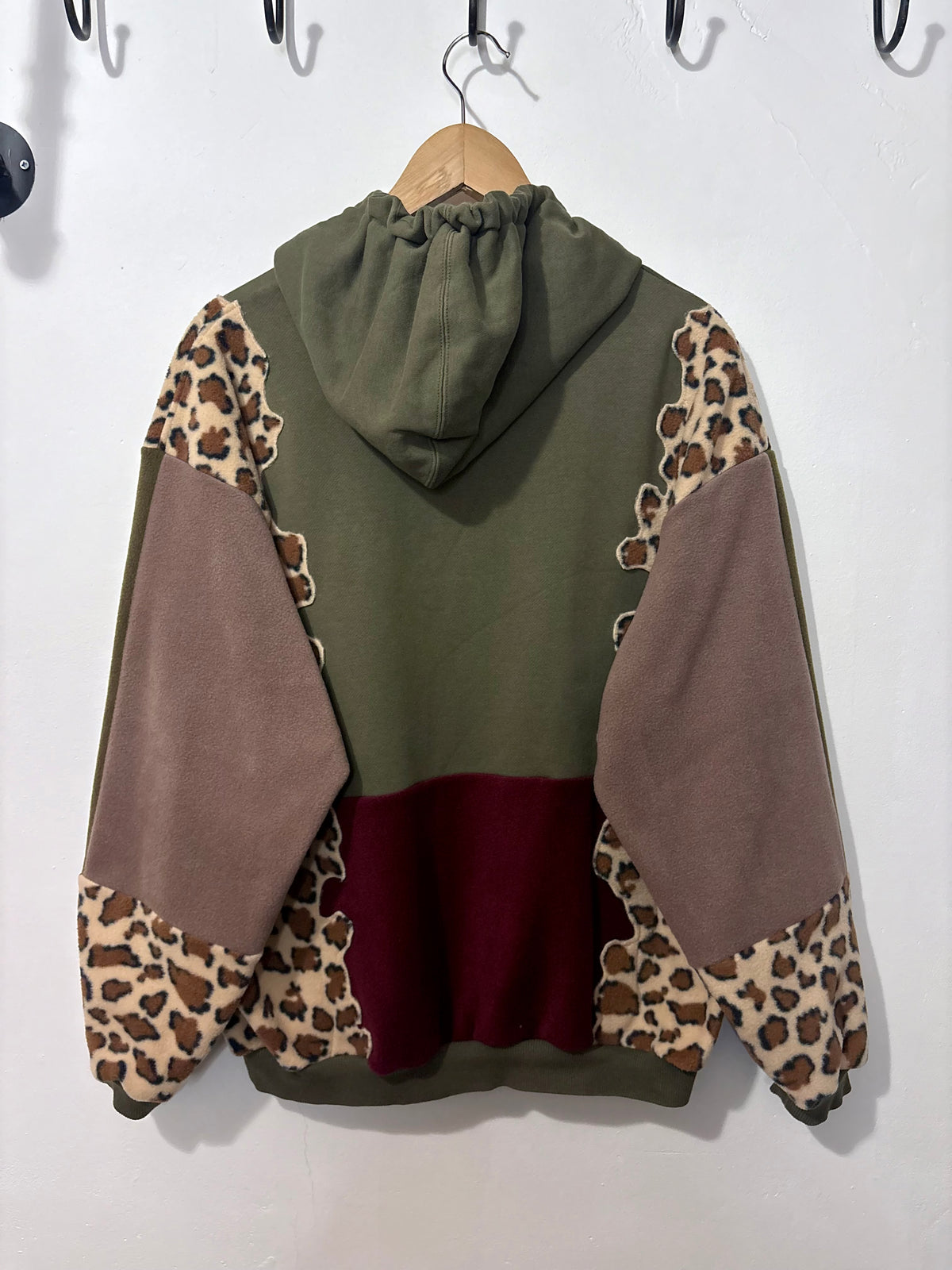 Y2K khaki adidas camouflage logo leopard print and burgundy fleece patchwork hoodie sweatshirt.