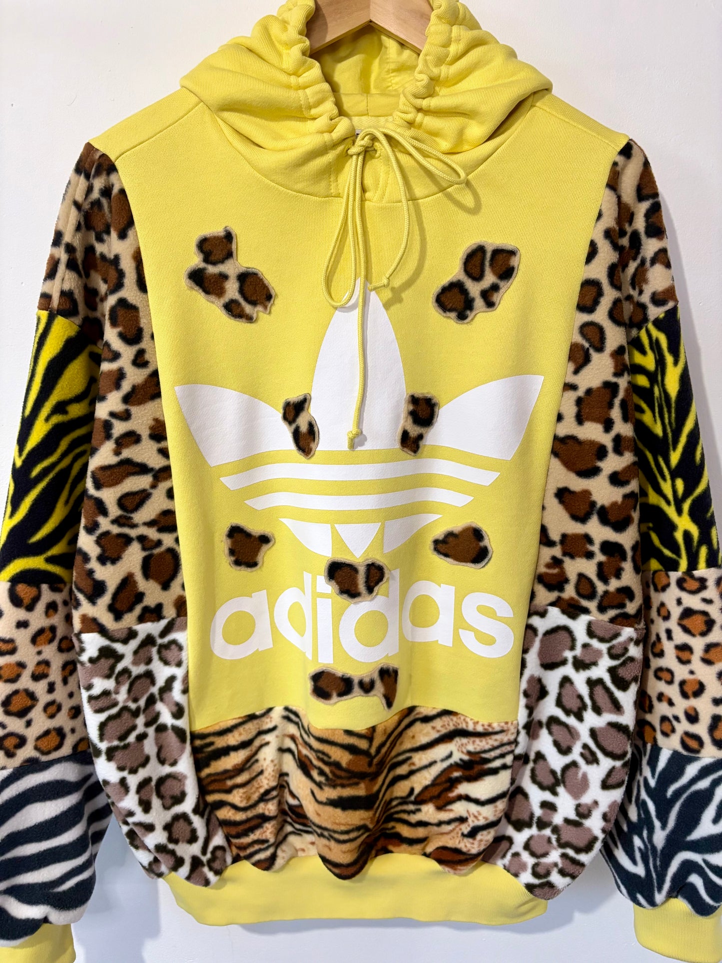 Y2K yellow adidas leopard animal print, patchwork fleece hoodie sweatshirt.